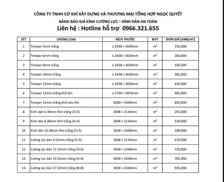 Bảng báo giá kính cường lực và kính dán an toàn của Công ty Ngọc Quyết với kích thước và đơn giá chi tiết